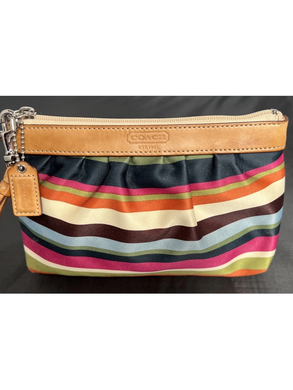Coach Vintage Legacy Stripe Wristlet Multi Color Satin & leather pouch.